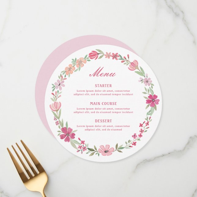 Menu Pink Floral Wreath Round (Frente/Verso In Situ)