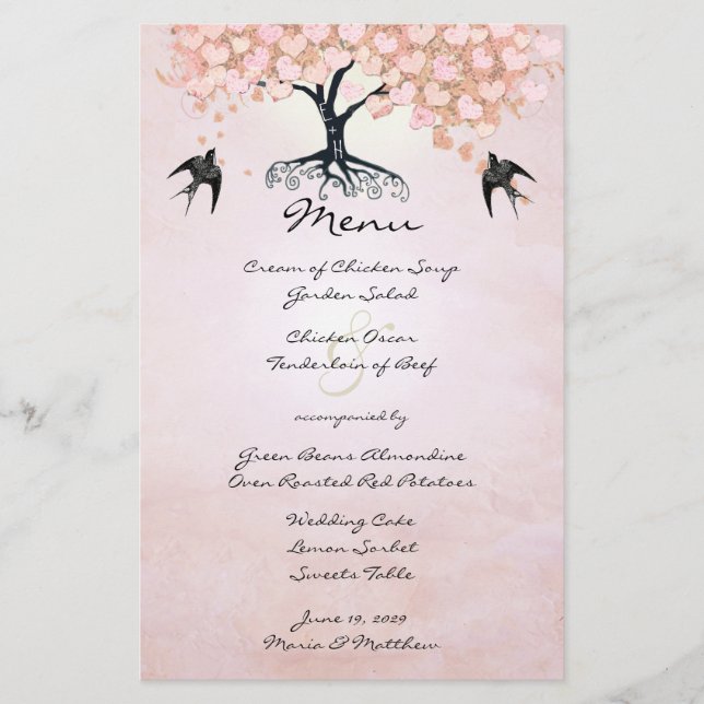 Menu Pink Heart Leaf Tree Weding (Frente)