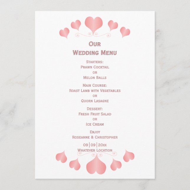 Menu Pink Hearts Design Wedding (Frente)