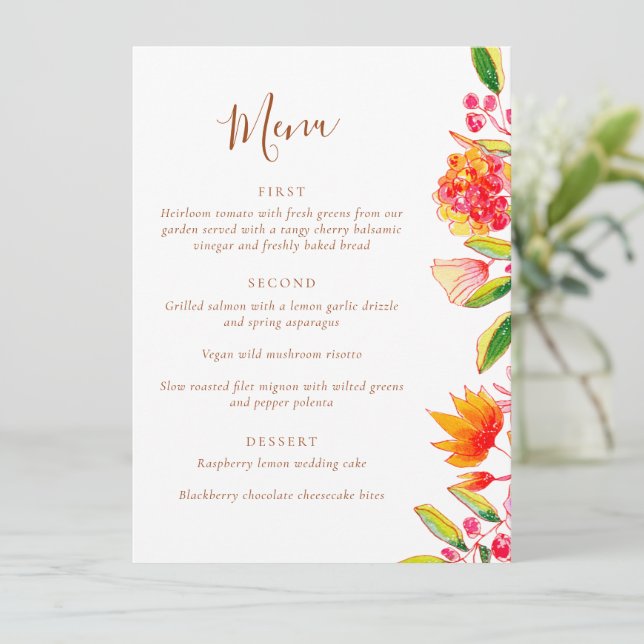 Menu Pink Orange Watercolor Floral Wedding Dining (Em pé/Frente)