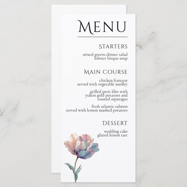 Menu Pink Purple Tulip Elegant Floral Wedding  (Frente/Verso)