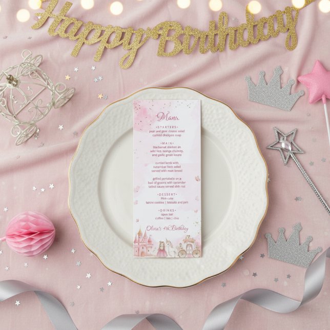 Menu Pink Royal Princess Castle Unicorn 4th Birthday  (Criador carregado)