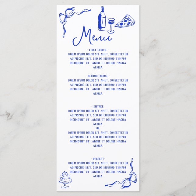 Menu Pizza Desenhada À Mão E Vinho Azul Francês (Frente)