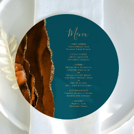 Menu Placa Redonda Casamento Burnt Orange Gold Teal Men