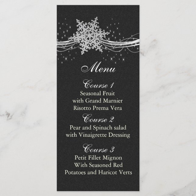 Menu placas de Casamento no inverno pretas Silver Snowf (Frente)