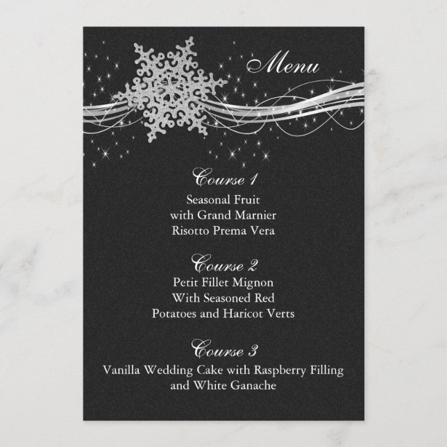 Menu placas de Casamento no inverno pretas Silver Snowf (Frente)