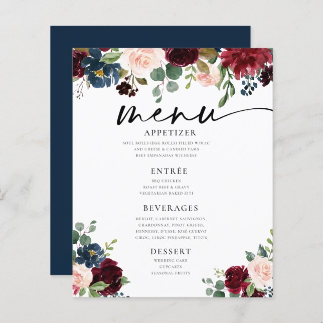 Menu Plano Boho Burgundy Blush Wedding (Frente/Verso)