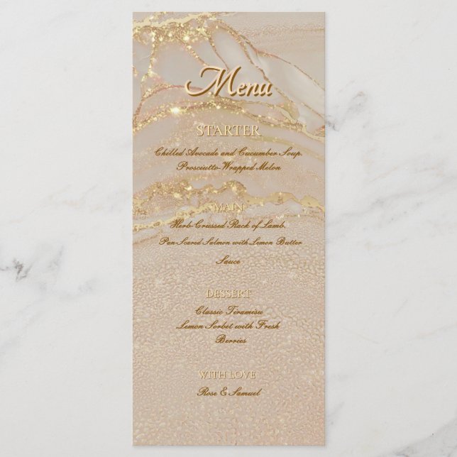 Menu Plano Chic Rosa Tinta Álcool Brilho Dourado (Frente)