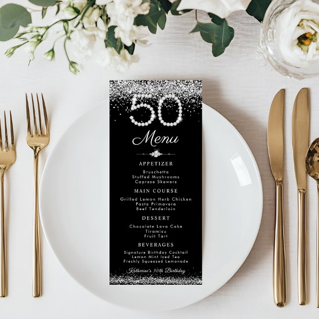 Menu Plano de Aniversário do Janto de Ouros 50 (Elegant Diamonds 50th Birthday Menu Card)
