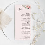 Menu Plano de Casamento Cor-de-Rosa Blush<br><div class="desc">Este design de cardápio liso, cor-de-rosa-rosa-esfarelado, apresenta belas paisagens clássicas em chic, cor-de-rosa-pastel e azul-marinho, com simples tipografia moderna e caligrafia elegante, para dar um tom sofisticado a qualquer estilo de evento. Cada produto é embelezado com rosas rosas rosadas e escamosas, cor-de-rosa, bem como fitas de pêssego e de marfim,...</div>