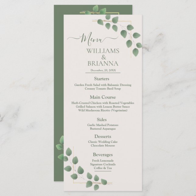 Menu Plano de Casamento de Licença Verde Minimalis (Frente/Verso)