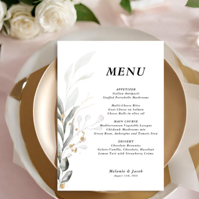 Menu Plano de Casamento Editável Greenery 5x7 (Criador carregado)