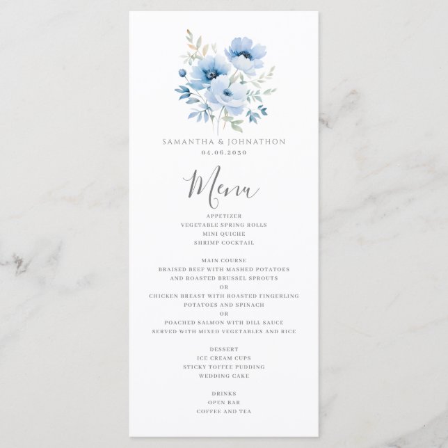 Menu Plano de Casamento Floral Azul Elegante (Frente)