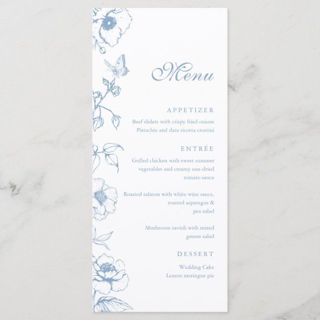Menu Plano de Casamento Floral Azul Elegante (Frente)