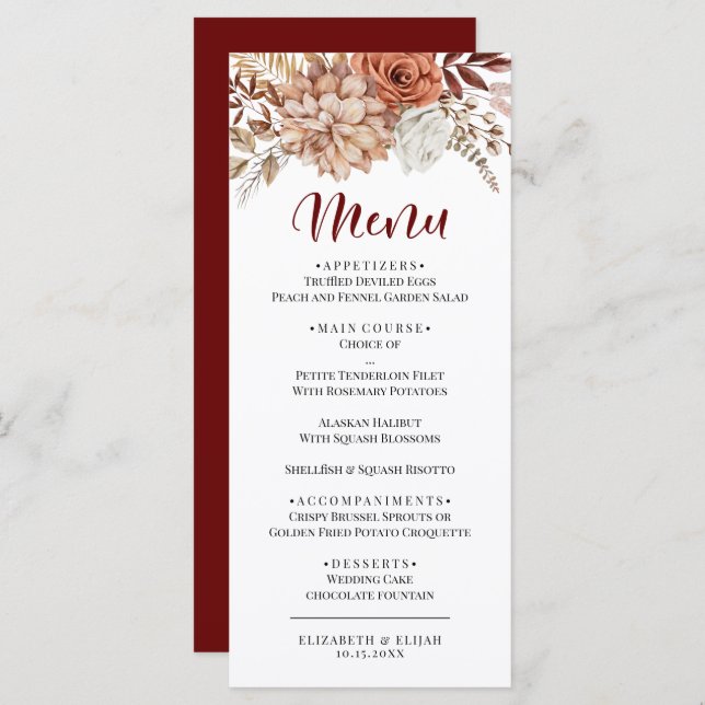 Menu Plano de Casamento Floral de Autumn Burgundy (Frente/Verso)