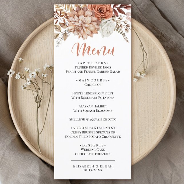 Menu Plano de Casamento Floral do Autumn Terracott (an elegant autumn terracotta wedding menu)