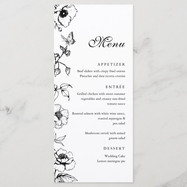 Menu Plano de Casamento Floral Preto e Branco Eleg (Frente)