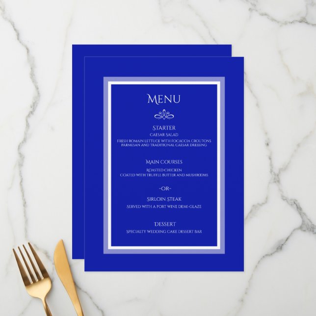 Menu plano de casamento personalizável e azul de c (Frente/Verso In Situ)