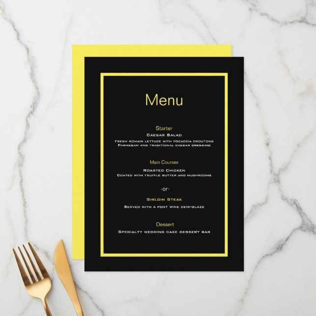 Menu plano de casamento preto e amarelo (Frente/Verso In Situ)