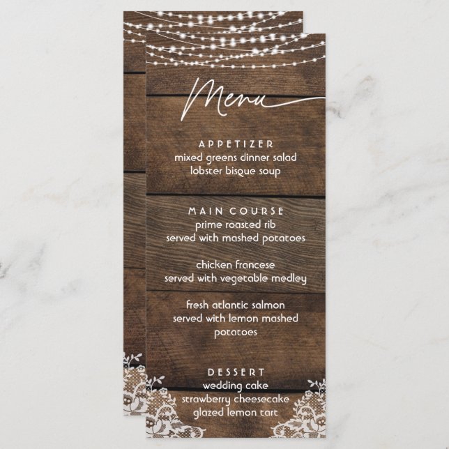 Menu Plano de Casamento Rustic Wood and Lace Count (Frente/Verso)