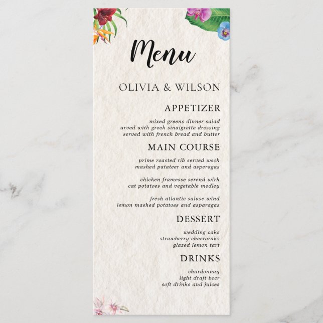 Menu Plano de Casamento Tropical Watercolor (Frente)