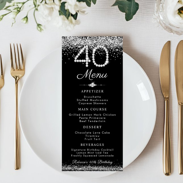 Menu Plano de Janto de aniversário de 40 anos de O (Diamonds 40th Birthday Party Menu Card)