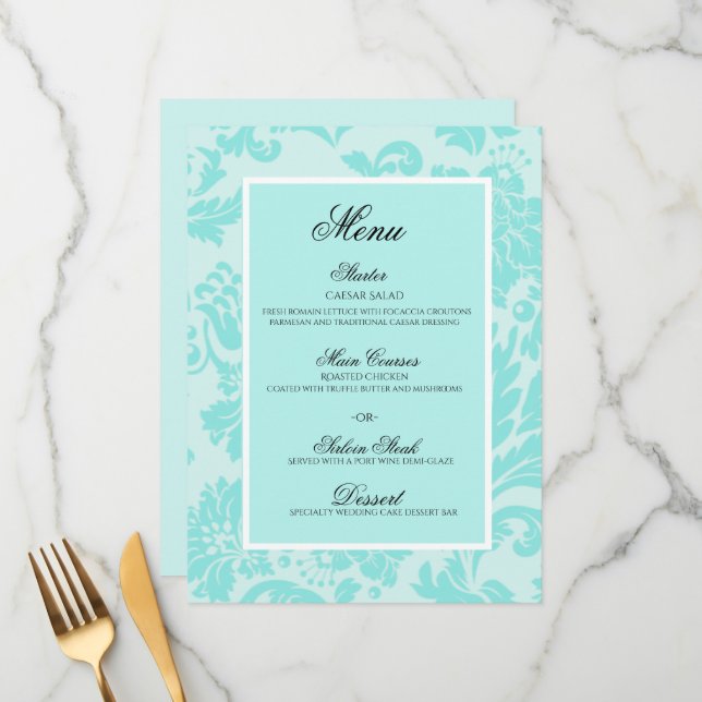Menu plano do casamento tema damasco Teal (Frente/Verso In Situ)
