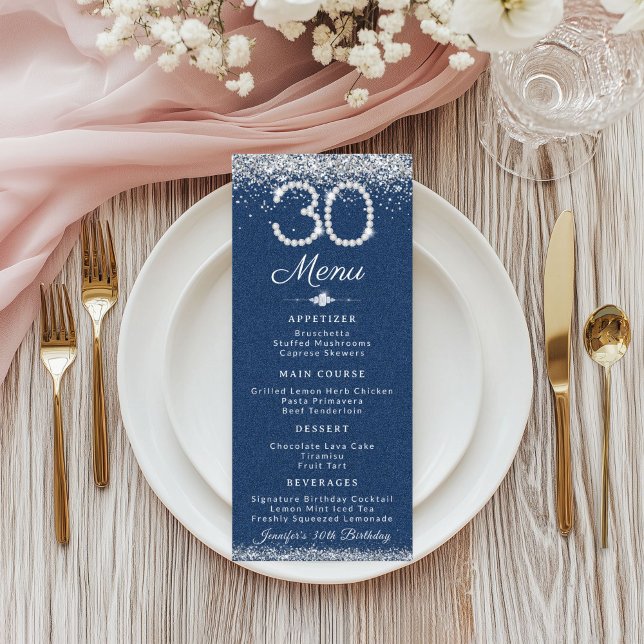 Menu Plano do Janto aniversário de 30 anos de Deni (Denim and Diamonds 30th Birthday Dinner Menu Card)