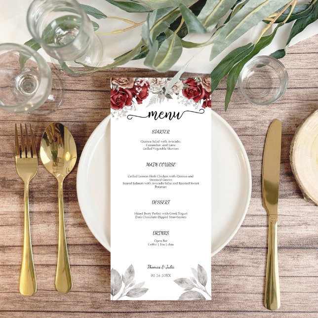 Menu Plano Romântico Burgundy Watercolor (Romantic Burgundy Watercolor Wedding Flat Menu)