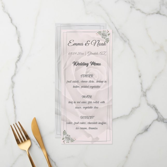 Menu Plano Rustic Dusty White Roses (Frente/Verso In Situ)