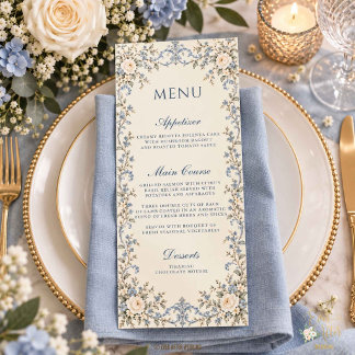 Menu Poeira Azul Antiga Toalha Floral Branca Casamento