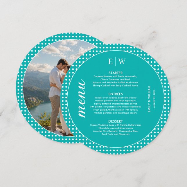 Menu Pontos Brancos Polka em Azul Turquesa – Casamento  (Frente/Verso)