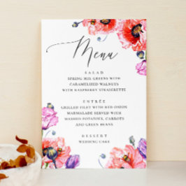 Menu Poppies. Casamento de guião floral vermelho de aqu
