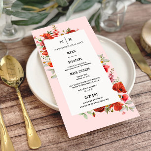 Menu Poppy Wildflower Monograma Casamento Rosa