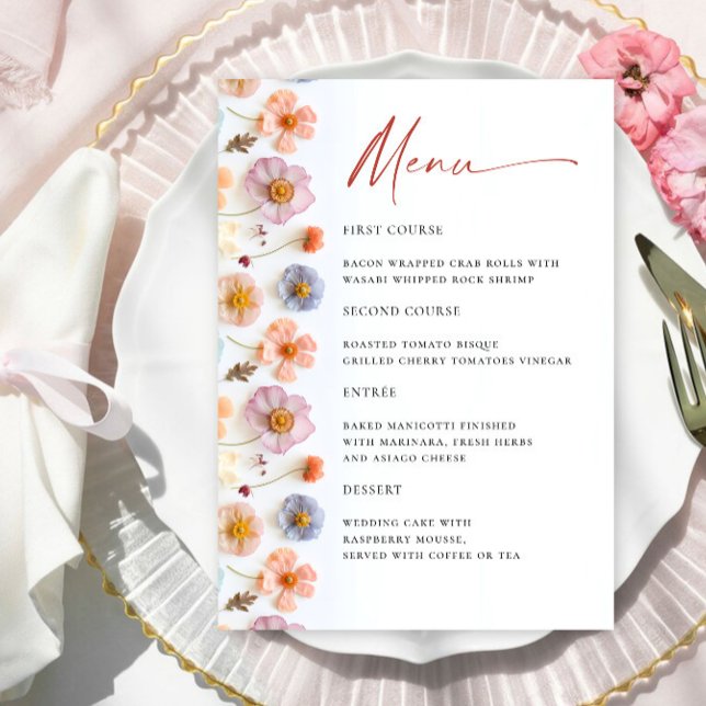 Menu Pormenores do Casamento do Pastel Pink Boho Wildfl (Criador carregado)