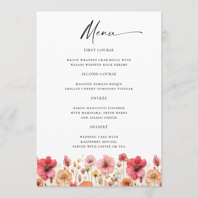 Menu Pormenores do Casamento do Pastel Pink Boho Wildfl (Frente)