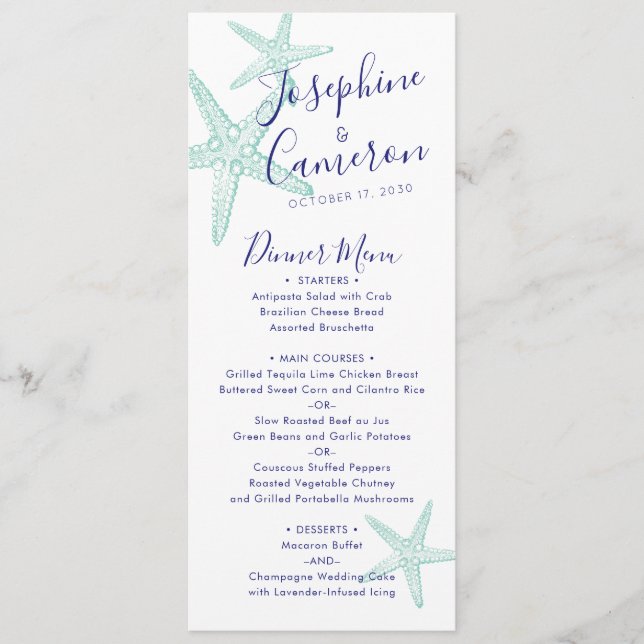 Menu Praia Casamento de Teal Blue Starfish Modern (Frente)