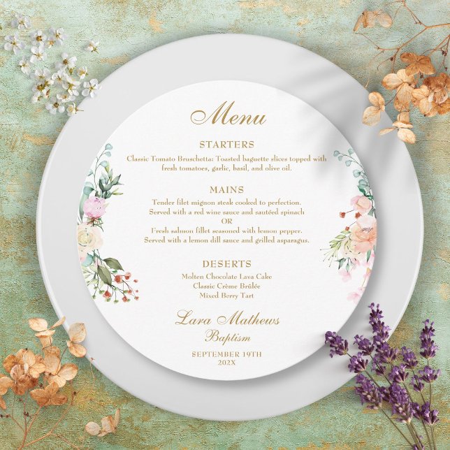 Menu Prato de Batismo de Guarlanda Floral Rosa (Rose Floral Garland Baptism Christening Plate Menu)