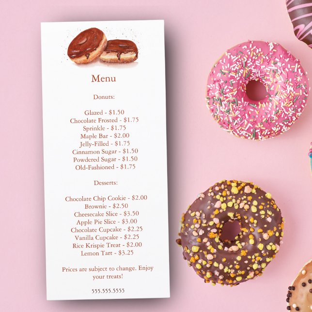 Menu Preço das Rosquinhas de Chocolate de Aquarela (Enhance Your Bakery's Charm: Display Our Watercolor Chocolate Glazed Donuts Price Menu.)