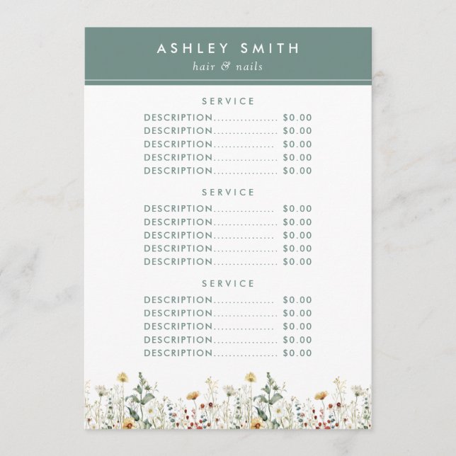 Menu Preço de Campo de Flor Selvagem de Verão (Frente)