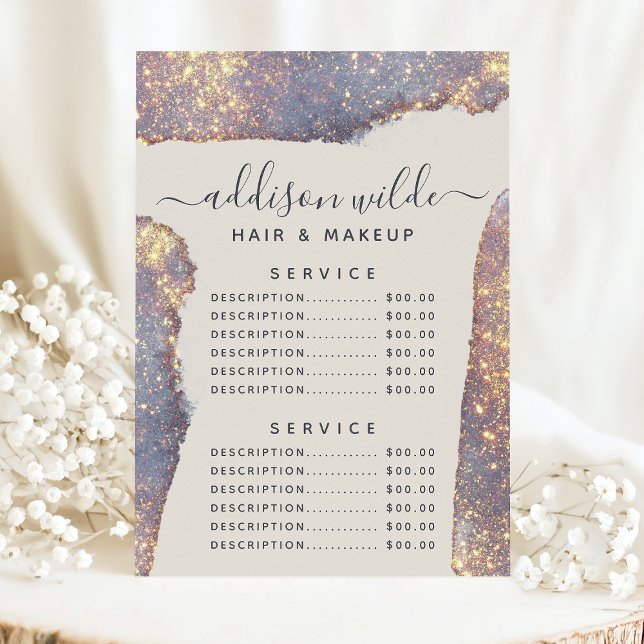 Menu Preço do Serviço Glam Glitter Dourado Roxo Iridesc (Criador carregado)