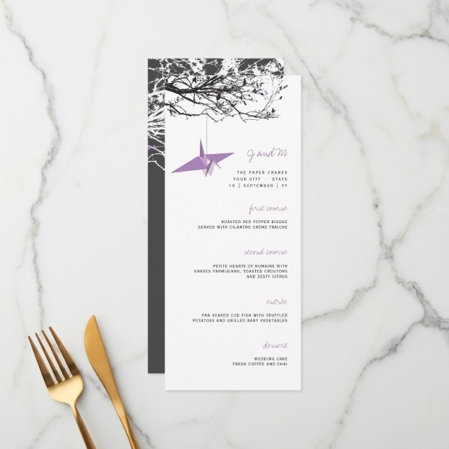 Menu Prendendo Crane De Papel Lilac No Branch Asian Wed (Frente/Verso In Situ)
