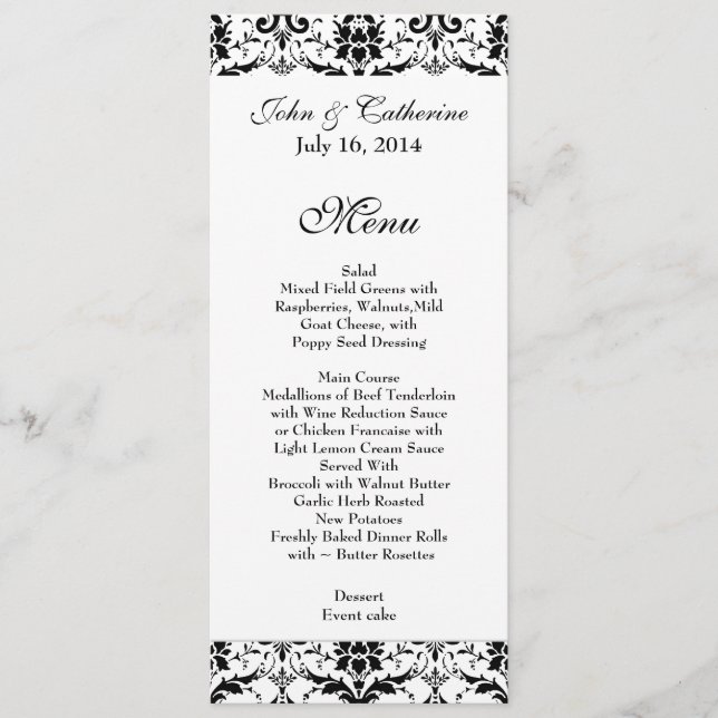 Menu preto & branco chique da mesa do casamento (Frente)