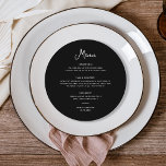 Menu Preto-branco e doce | Casamento<br><div class="desc">Estes cartões de cardápio preto preto e simples, na moda, escuros e redondos apresentam tipografia de escrita branca, estilo vintage. Adicione suas opções de janto para iniciantes ou aperitivos, primeiro curso, prato principal ou entrada e sobremesas. Um olhar elegante e clássico minimalista que ainda é único e contemporâneo e é...</div>