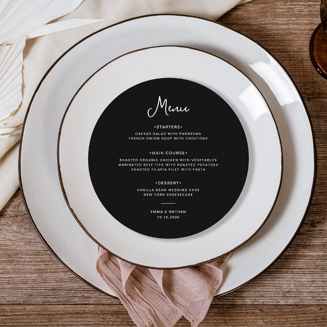 Menu Preto-branco e doce | Casamento (A sweet and whimsical, dark black round wedding menu)
