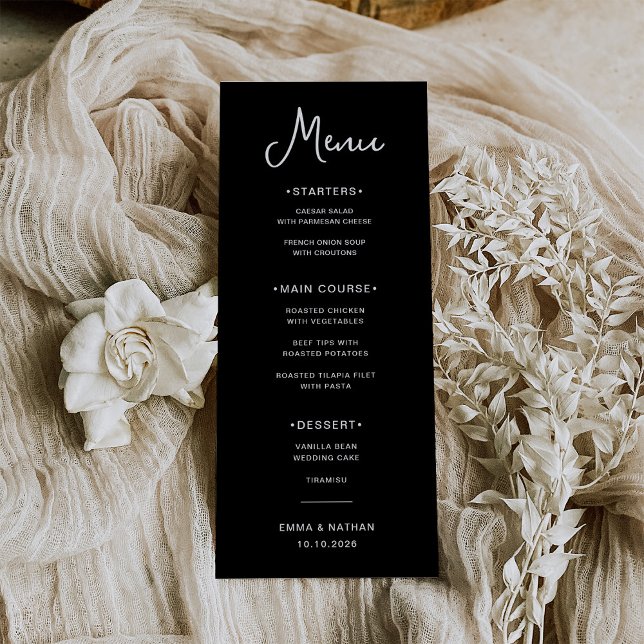 Menu Preto-branco e doce | Casamento (A sweet and whimsical, dark black wedding menu)