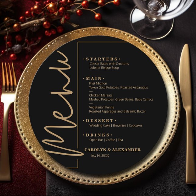Menu Preto Chic e Dourado Redondo (Chic Black and Gold Round Menus)