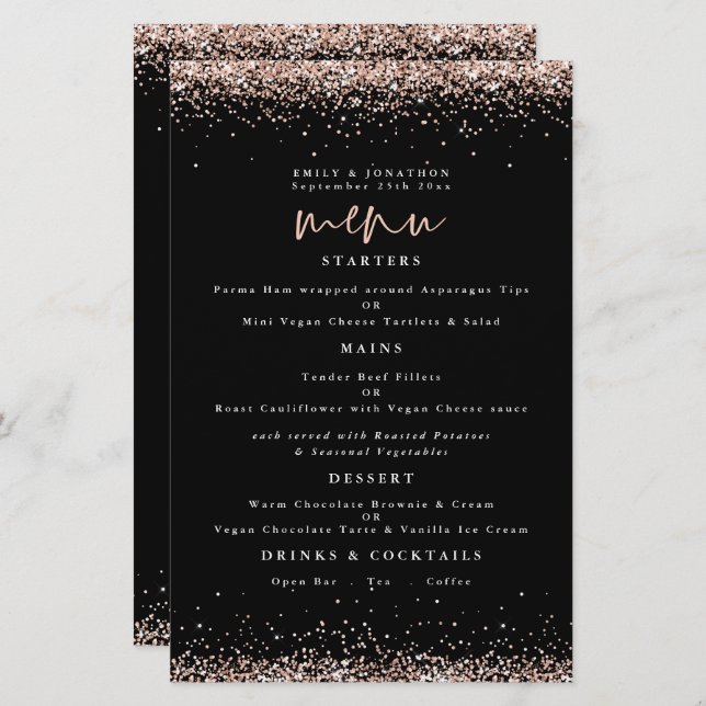 Menu Preto de Casamento Glitter Dourado Rosa de Or (Frente/Verso)