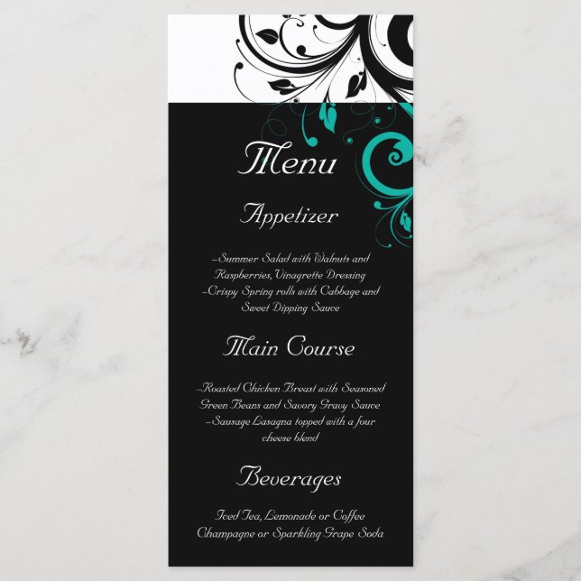 Menu Preto e branco com espiral reversa do teal (Frente)