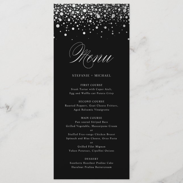 Menu Preto Faux Silver Foil Confetti Pontos (Frente)